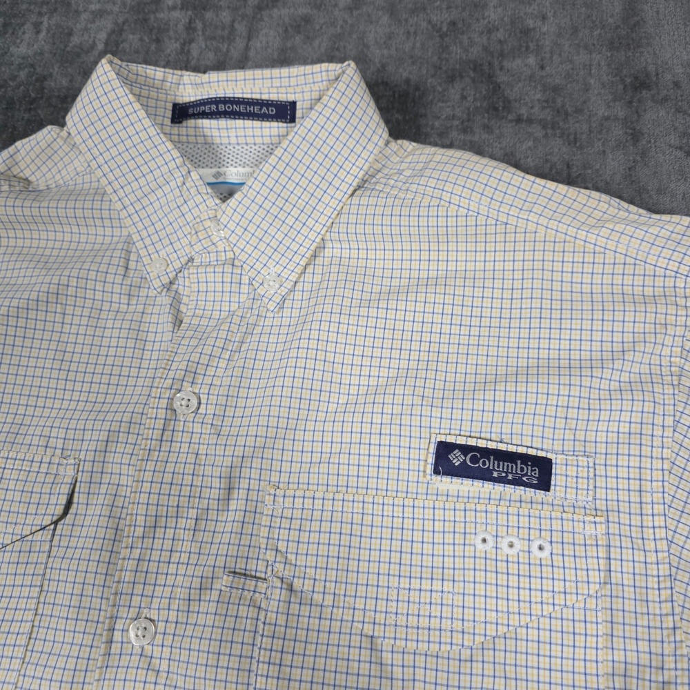 Columbia PFG Super Bonehead Fishing Shirt Mens Small Blue Yellow Plaid Vented S